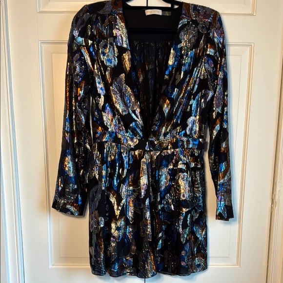 NWOT Gorgeous! Ramy Brook V-neck Wrap Mini Dress Multi Color Metallic on Black - Picture 4 of 14